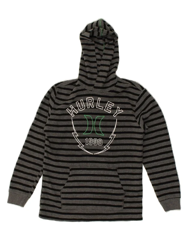 men's casual hoodies with stripes -HURLEY Boys Graphic Hoodie Jumper 14-15 Years XL Grey Striped Cotton