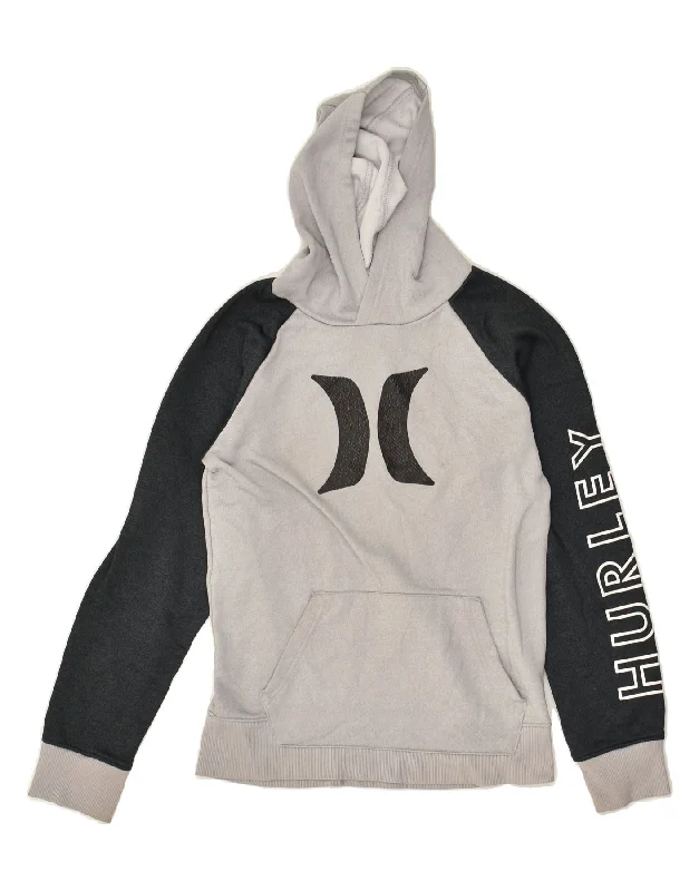 men's workout sweatshirts -HURLEY Boys Graphic Hoodie Jumper 9-10 Years Medium Grey Colourblock