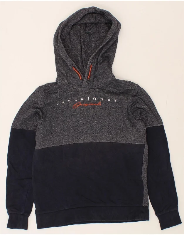 men's hoodie for fall season -JACK & JONES Boys Graphic Hoodie Jumper 11-12 Years Navy Blue Colourblock