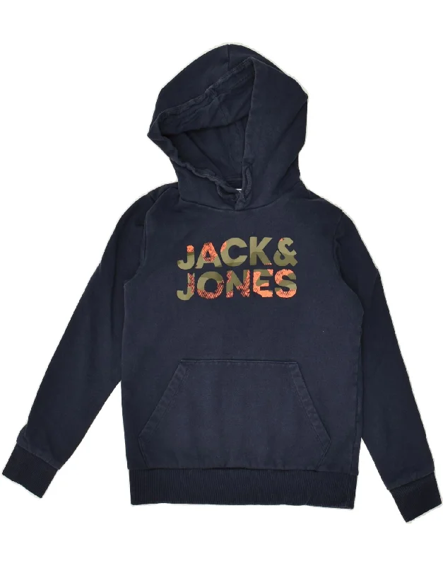 men's hoodie for layering -JACK & JONES Boys Graphic Hoodie Jumper 11-12 Years Navy Blue Cotton