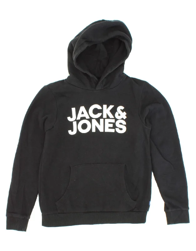 men's hoodie for hiking -JACK & JONES Boys Graphic Hoodie Jumper 13-14 Years Black Cotton