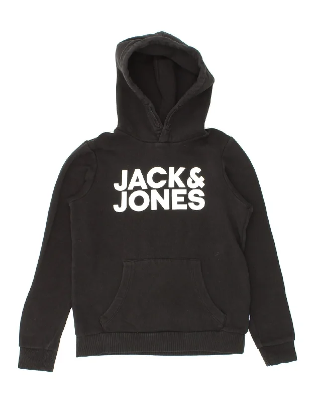 men's hoodie with stylish patterns -JACK & JONES Boys Graphic Hoodie Jumper 13-14 Years Black Cotton