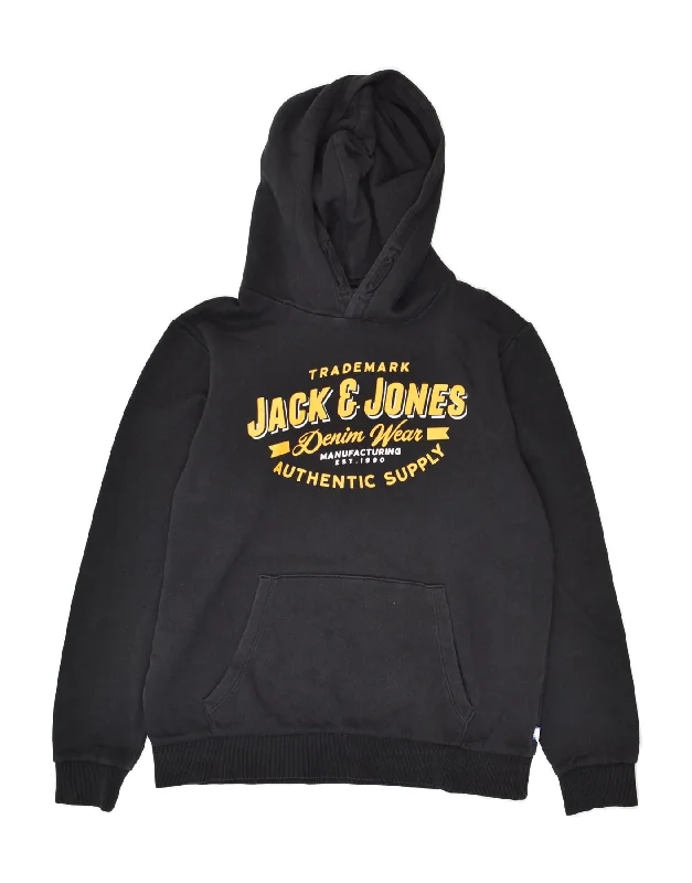 men's pullover sweatshirts -JACK & JONES Boys Graphic Hoodie Jumper 13-14 Years Black Cotton