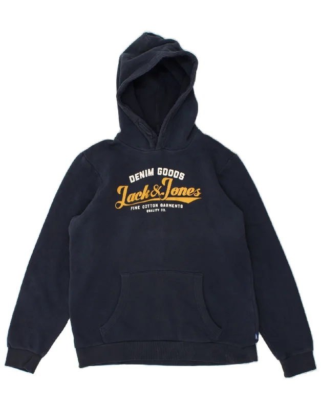 men's hoodie with zippered pockets -JACK & JONES Boys Graphic Hoodie Jumper 15-16 Years Navy Blue Cotton