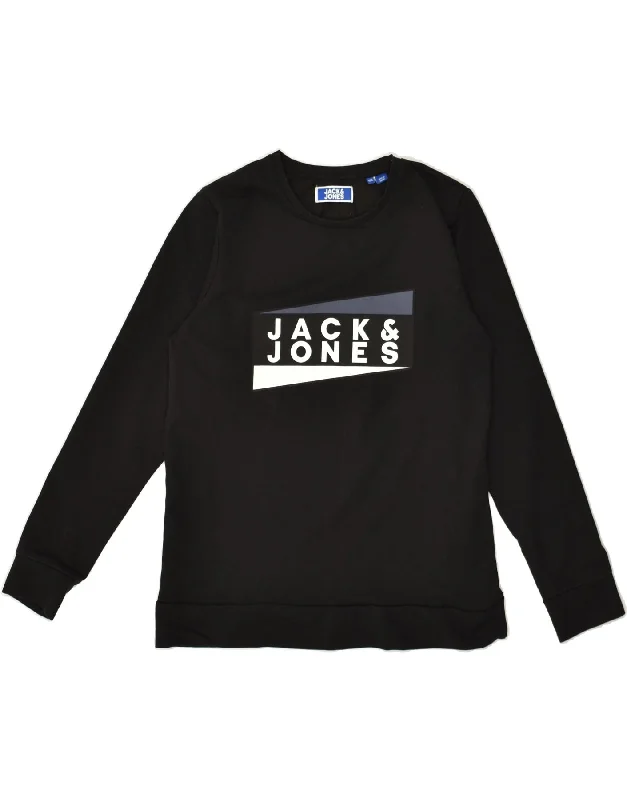 men's hoodie for fashion -JACK & JONES Boys Graphic Sweatshirt Jumper 13-14 Years Black Cotton