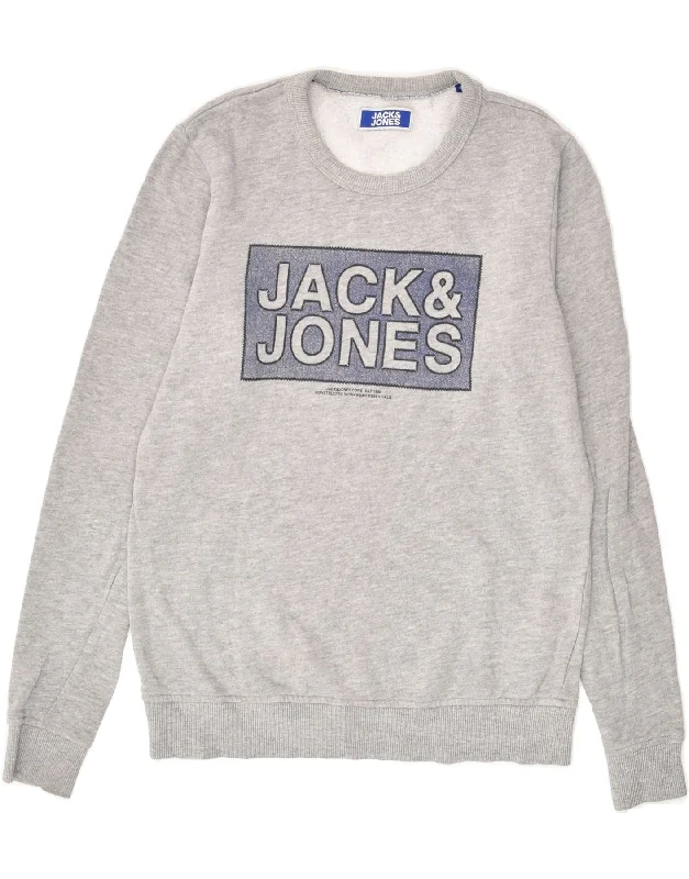 men's zip-up hoodies for winter -JACK & JONES Boys Graphic Sweatshirt Jumper 13-14 Years Grey Cotton