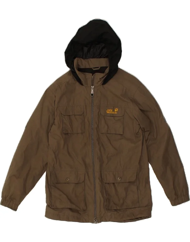 men's stylish parkas -JACK WOLFSKIN Boys Hooded Rain Jacket 11-12 Years Brown Polyester