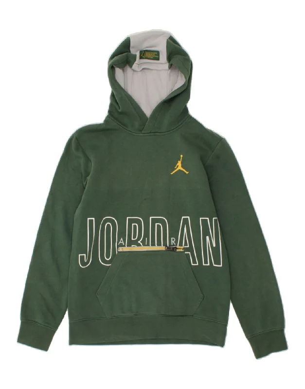 men's hoodie sweatshirt with graphics -JORDAN Boys Graphic Hoodie Jumper 13-14 Years XL Green Colourblock Cotton