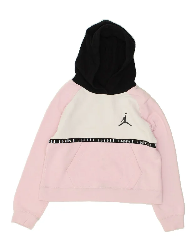 men's hoodie for sports activities -JORDAN Girls Crop Graphic Hoodie Jumper 12-13 Years Large Pink Colourblock