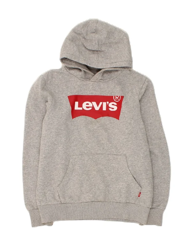 men's hoodies with slogans -LEVI'S Boys Graphic Hoodie Jumper 11-12 Years Grey Cotton