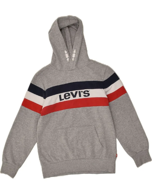 men's pullover hoodie with drawstrings -LEVI'S Boys Graphic Hoodie Jumper 13-14 Years Grey Colourblock Cotton