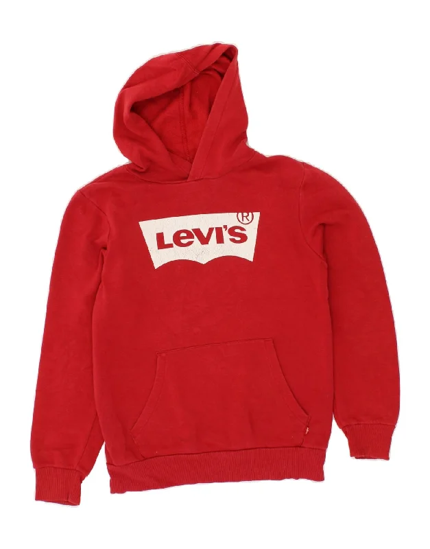 men's workout sweatshirts -LEVI'S Girls Graphic Hoodie Jumper 15-16 Years Red Cotton