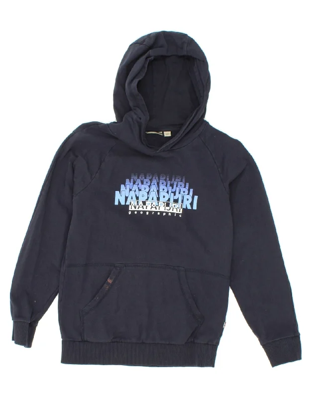 men's printed fleece sweatshirts -NAPAPIJRI Boys Graphic Hoodie Jumper 11-12 Years Navy Blue Cotton