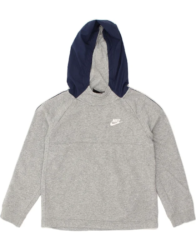 men's hoodie with zippered pockets -NIKE Boys Graphic Hoodie Jumper 10-11 Years Medium Grey Colourblock Cotton