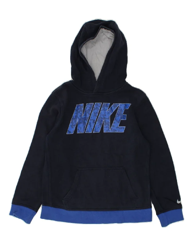 men's hoodie with zippered pockets -NIKE Boys Graphic Hoodie Jumper 10-11 Years Medium Navy Blue Cotton