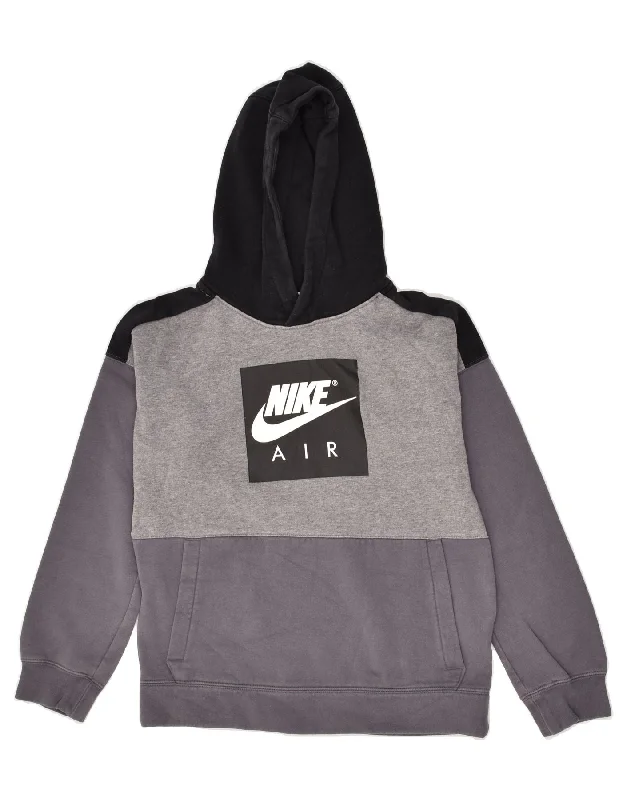 men's long sleeve hoodies -NIKE Boys Graphic Hoodie Jumper 12-13 Years Large Grey Colourblock Cotton