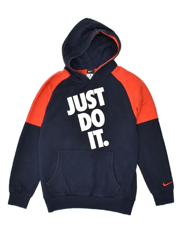 men's stylish fleece hoodies -NIKE Boys Graphic Hoodie Jumper 12-13 Years Large  Navy Blue Colourblock