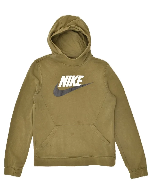 men's zip-up hoodie for hiking -NIKE Boys Graphic Hoodie Jumper 13-14 Years XL Khaki Cotton