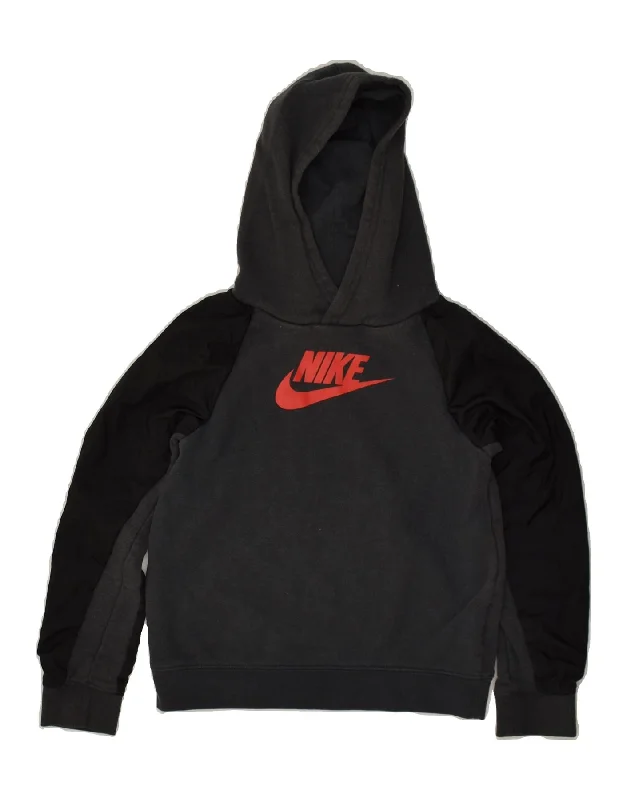 men's oversized sweatshirt hoodies -NIKE Boys Graphic Hoodie Jumper 6-7 Years Large Grey Colourblock Cotton