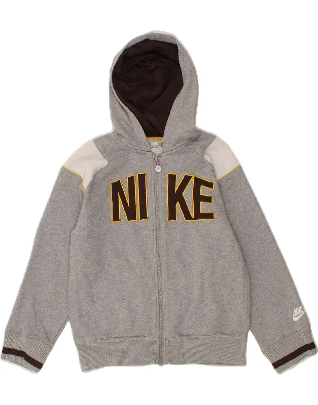 men's cozy hoodies -NIKE Boys Graphic Hoodie Jumper 8-9 Years Small Grey Colourblock Cotton