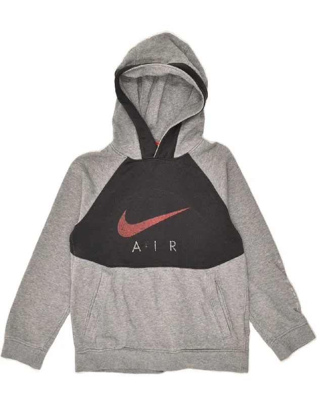 men's hoodie for layering -NIKE Boys Graphic Hoodie Jumper 8-9 Years Small Grey Colourblock Cotton