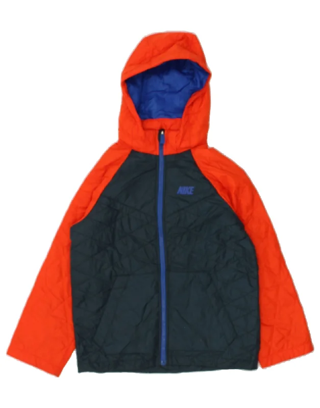 men's quilted jackets -NIKE Boys Hooded Padded Jacket 10-11 Years Medium Navy Blue Colourblock