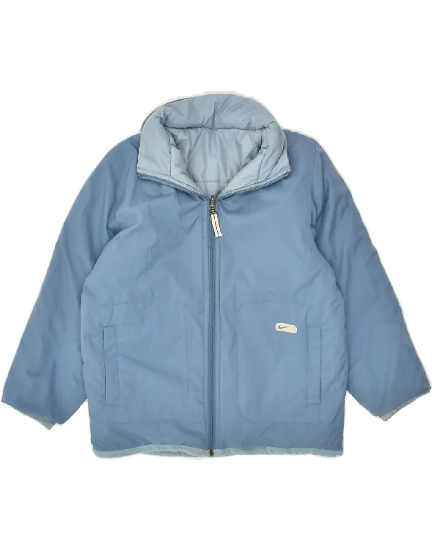 men's workwear jackets -NIKE Boys Hooded Padded Reversible Jacket 6-7 Years Large Blue Cotton