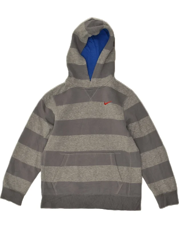 men's printed fleece sweatshirts -NIKE Boys Hoodie Jumper 12-13 Years Large Grey Striped