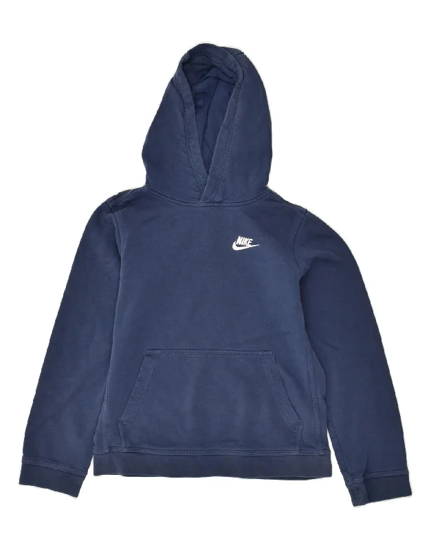 men's hoodie with creative prints -NIKE Boys Standard Fit Hoodie Jumper 12-13 Years Large Navy Blue Cotton