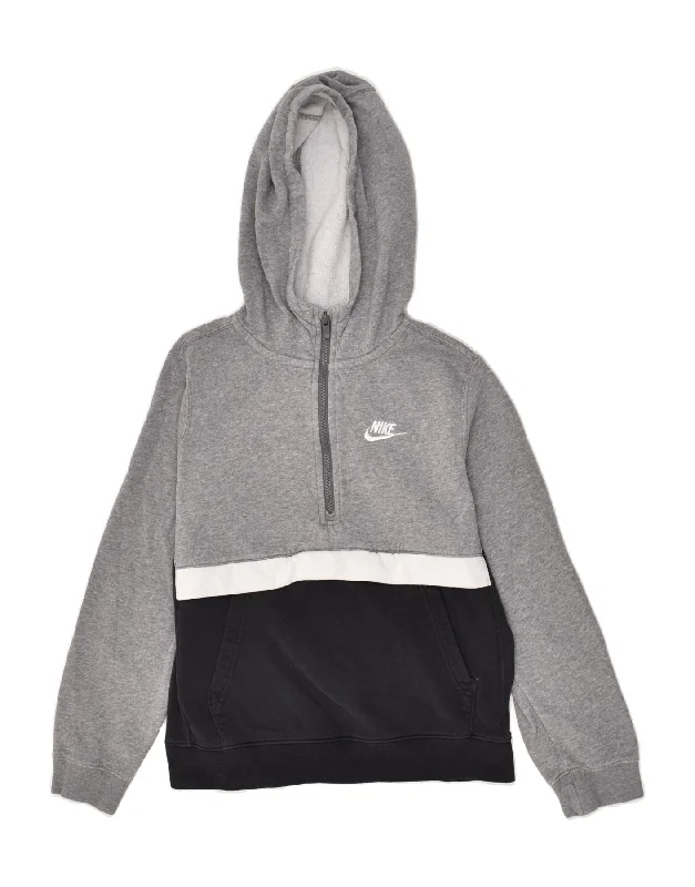 men's graphic sweatshirts with hoods -NIKE Boys Zip Neck Hoodie Jumper 12-13 Years Large Grey Colourblock Cotton