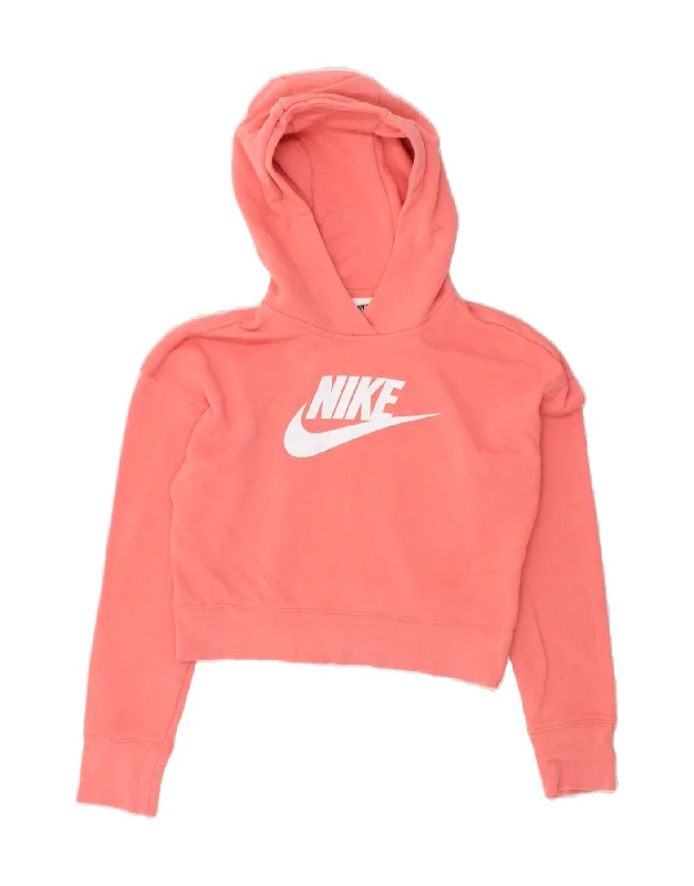 men's pullover hoodie with pockets -NIKE Girls Crop Graphic Hoodie Jumper 12-13 Years Large Pink Cotton