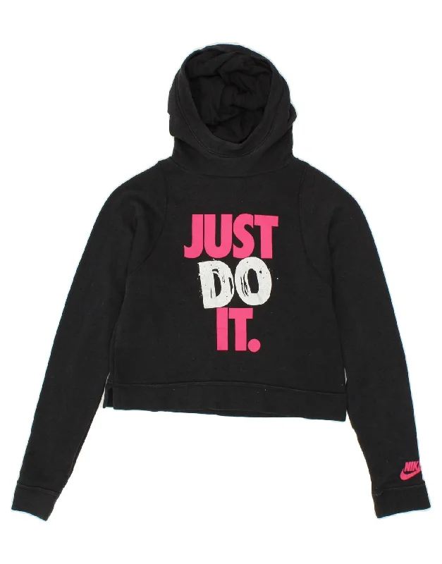 men's stylish pullover sweatshirts -NIKE Girls Crop Graphic Hoodie Jumper 13-14 Years XL Black Cotton