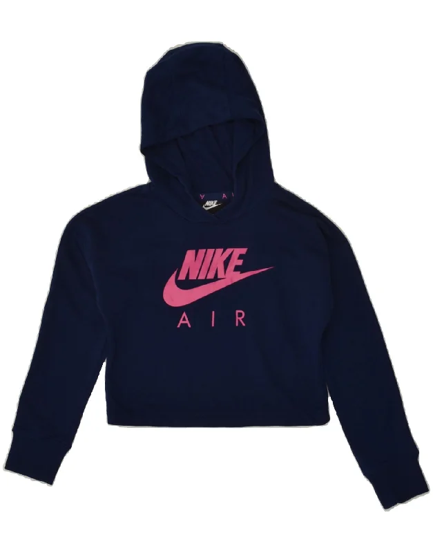 men's cozy fleece sweatshirts -NIKE Girls Crop Hoodie Jumper 10-11 Years Medium Navy Blue Cotton