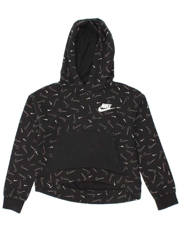 men's hoodies with logos -NIKE Girls Graphic Hoodie Jumper 10-11 Years Black Cotton