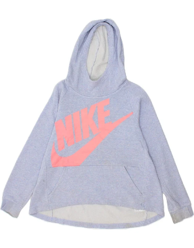 men's hoodie for fashion -NIKE Girls Graphic Hoodie Jumper 12-13 Years Large Blue Cotton