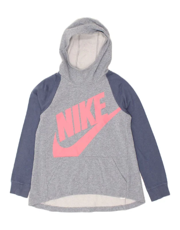 men's hoodie for casual wear -NIKE Girls Graphic Hoodie Jumper 12-13 Years Large Grey Colourblock Cotton