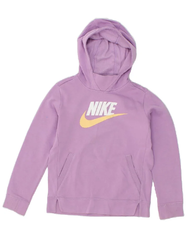 men's trendy zip-up sweatshirts -NIKE Girls Standard Fit Graphic Hoodie Jumper 10-11 Years Medium Purple