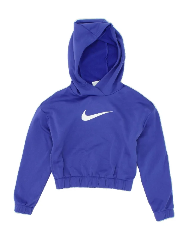 men's graphic design hoodie sweatshirts -NIKE Girls Therma-Fit Crop Graphic Hoodie Jumper 8-9 Years Small Blue