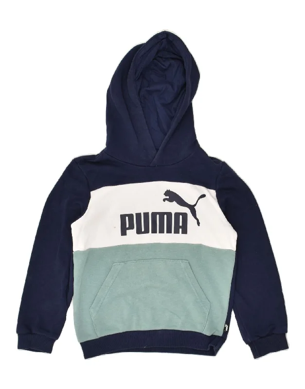 men's hoodies with slogans -PUMA Boys Graphic Hoodie Jumper 7-8 Years Navy Blue Colourblock Cotton