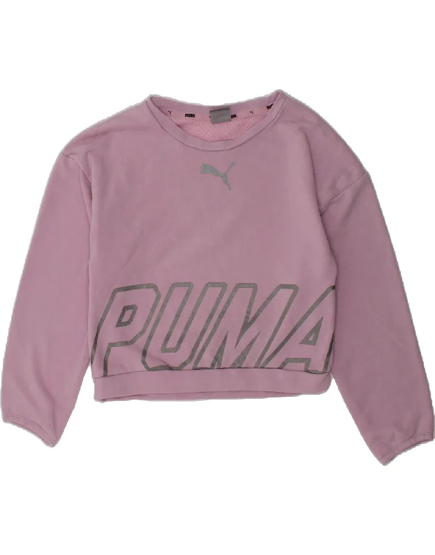 men's comfortable casual hoodies -PUMA Girls Crop Graphic Sweatshirt Jumper 7-8 Years Purple Cotton