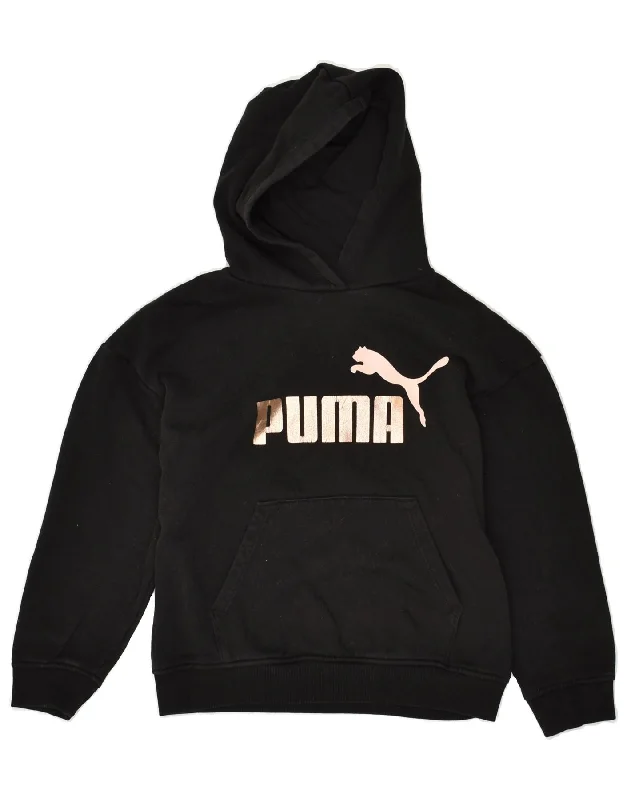 men's trendy oversized hoodies -PUMA Girls Graphic Hoodie Jumper 11-12 Years Black Cotton