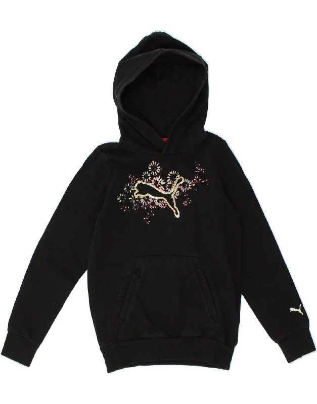 men's trendy hoodies -PUMA Girls Graphic Hoodie Jumper 9-10 Years Black Cotton