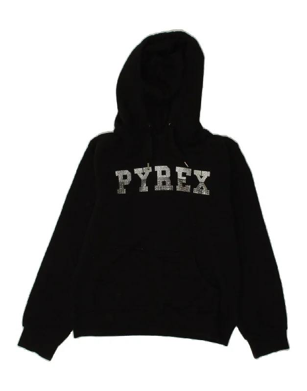 men's hoodie sweatshirt with hoods -PYREX Girls Graphic Hoodie Jumper 12-13 Years XL Black Cotton