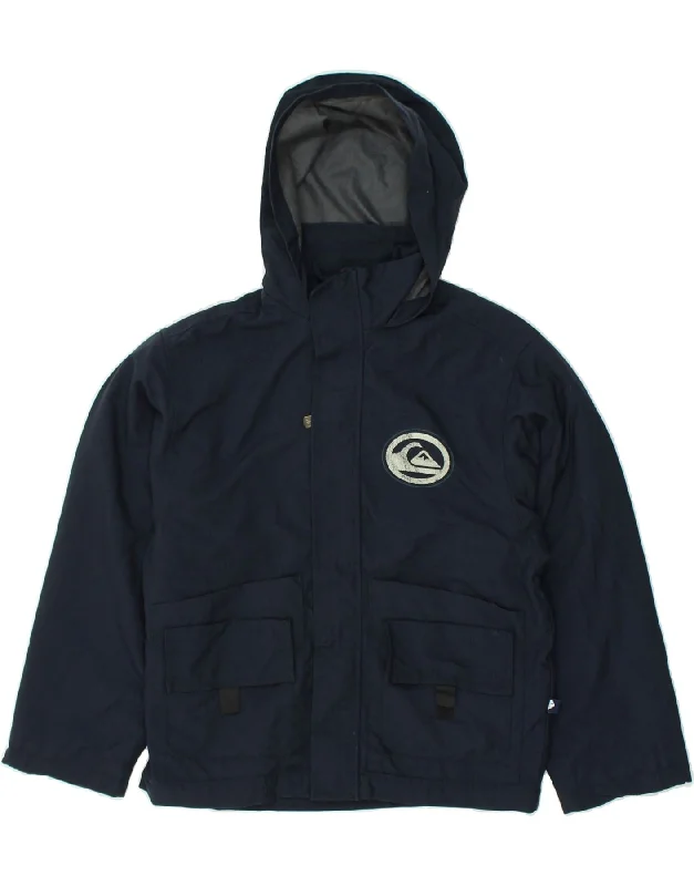 men's stylish denim jackets -QUIKSILVER Boys Graphic Hooded Windbreaker Jacket 9-10 Years Navy Blue