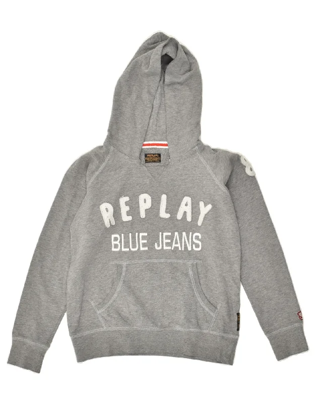 men's hoodie for daily wear -REPLAY Boys Graphic Hoodie Jumper 11-12 Years Grey Cotton