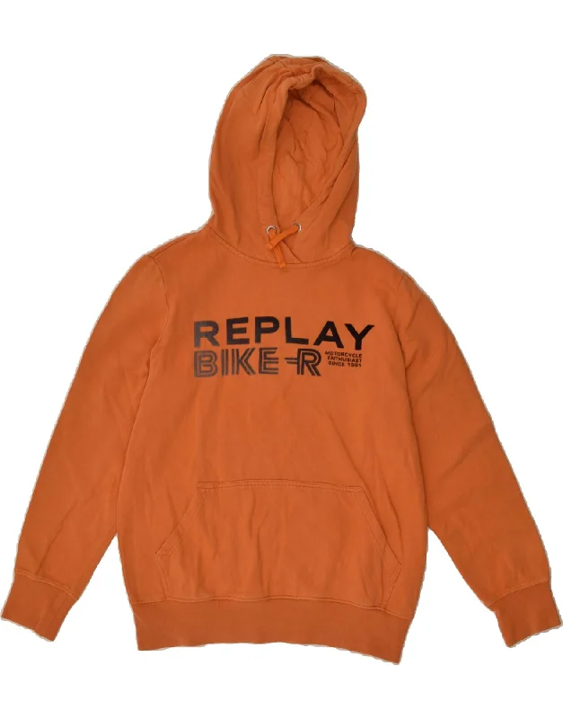 men's light hoodie for spring -REPLAY Boys Graphic Hoodie Jumper 13-14 Years Orange Cotton