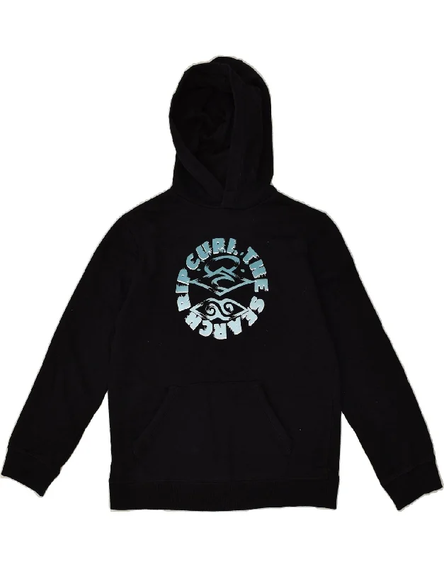 men's trendy zip-up sweatshirts -RIP CURL Boys Graphic Hoodie Jumper 13-14 Years Black Cotton