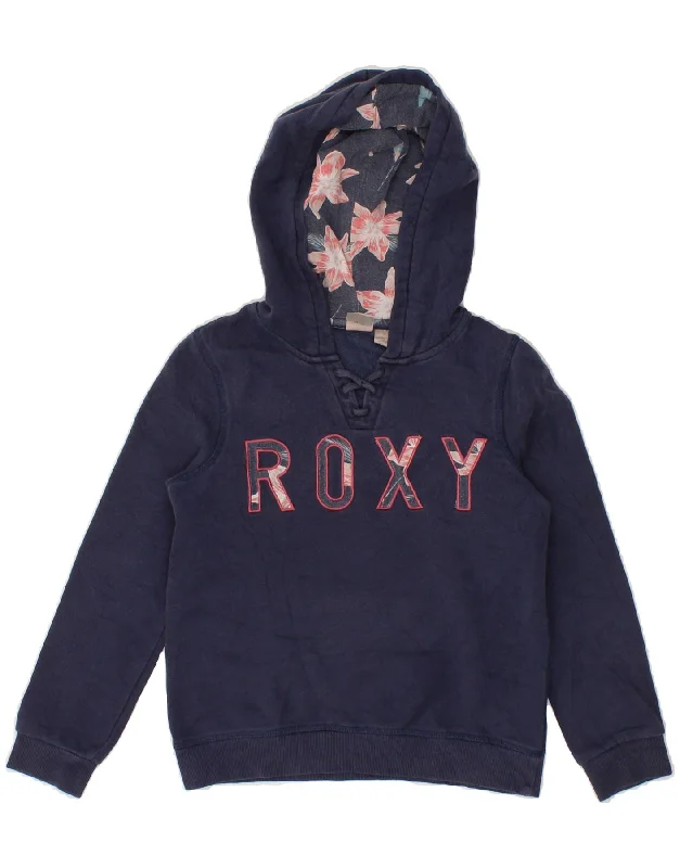 men's lightweight sweatshirts -ROXY Girls Graphic Hoodie Jumper 9-10 Years Medium Navy Blue Cotton