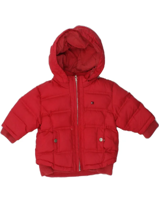 men's comfortable fleece jackets -TOMMY HILFIGER Baby Boys Hooded Padded Jacket 6-9 Months Red Nylon