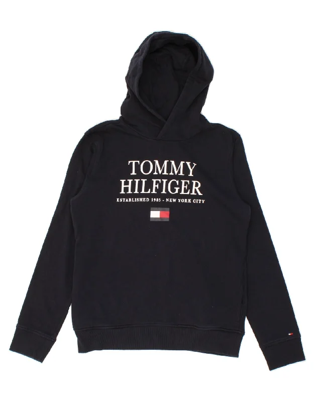 men's casual hoodies -TOMMY HILFIGER Boys Graphic Hoodie Jumper 13-14 Years Navy Blue Cotton